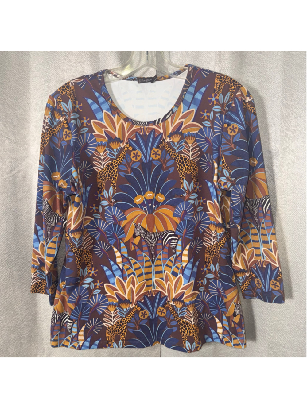 J.McLaughlin Catalina Cloth 3/4 Sleeve Top Large Brown Animal Print Stretch
